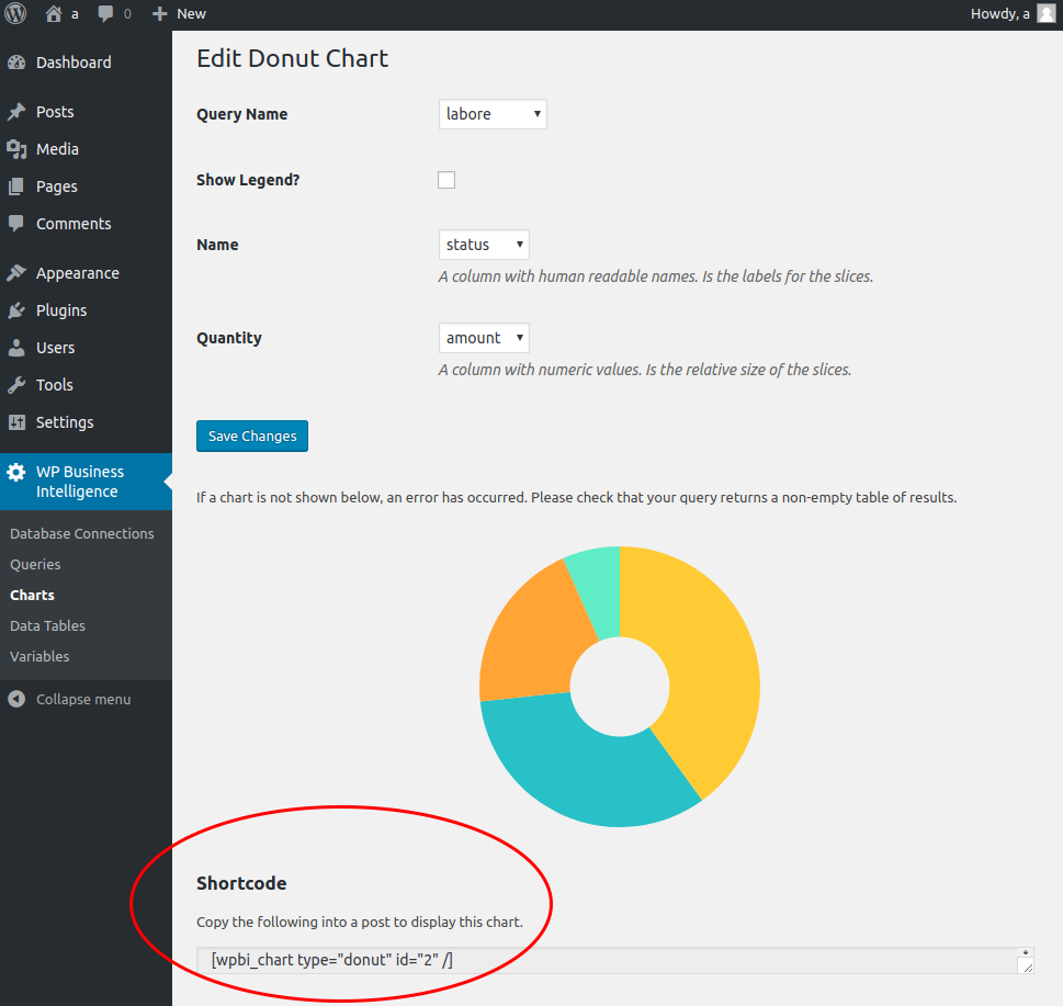 WordPress Business Intelligence Plug-in instructions on creating chart