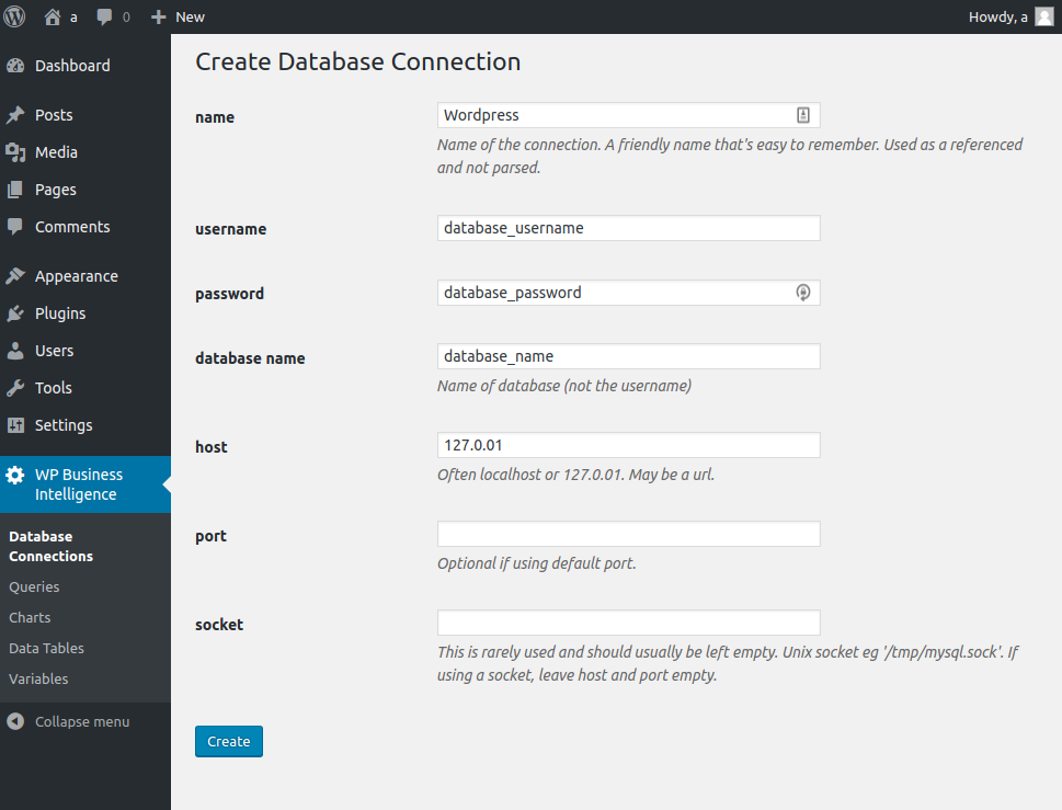 WordPress Business Intelligence Plug-in instructions on creating a database connection