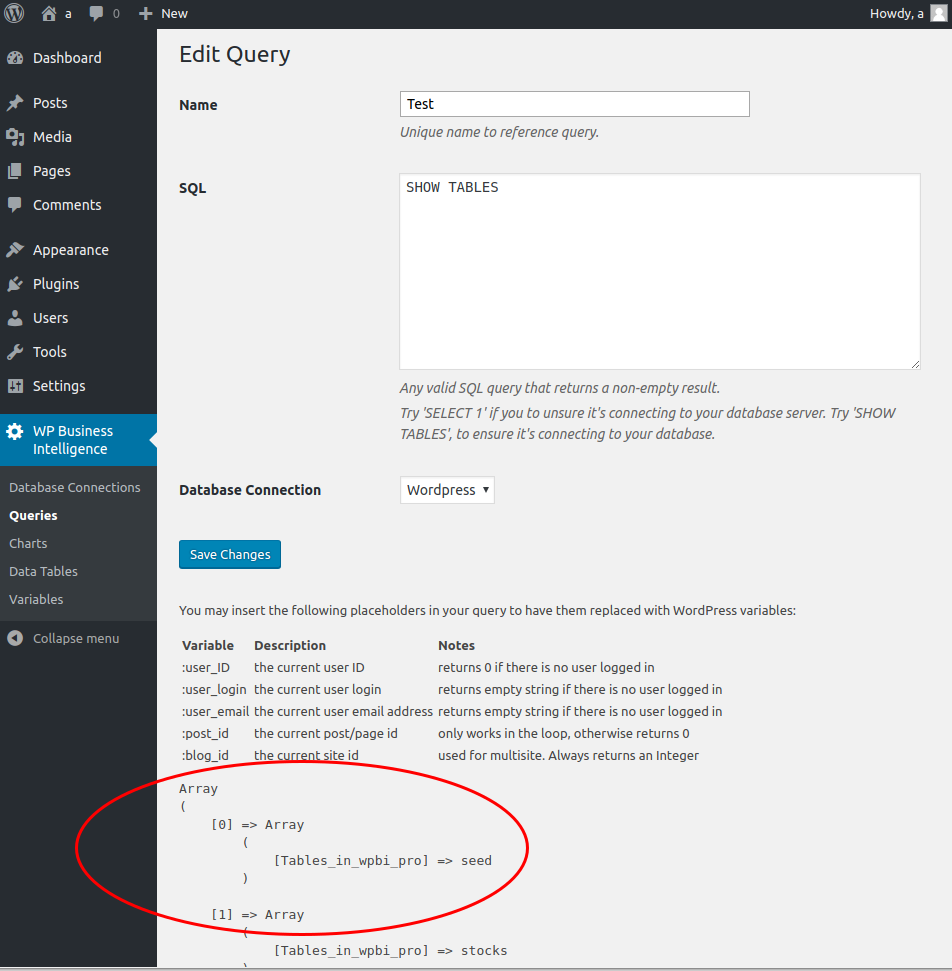 WordPress Business Intelligence Plug-in instructions on creating query